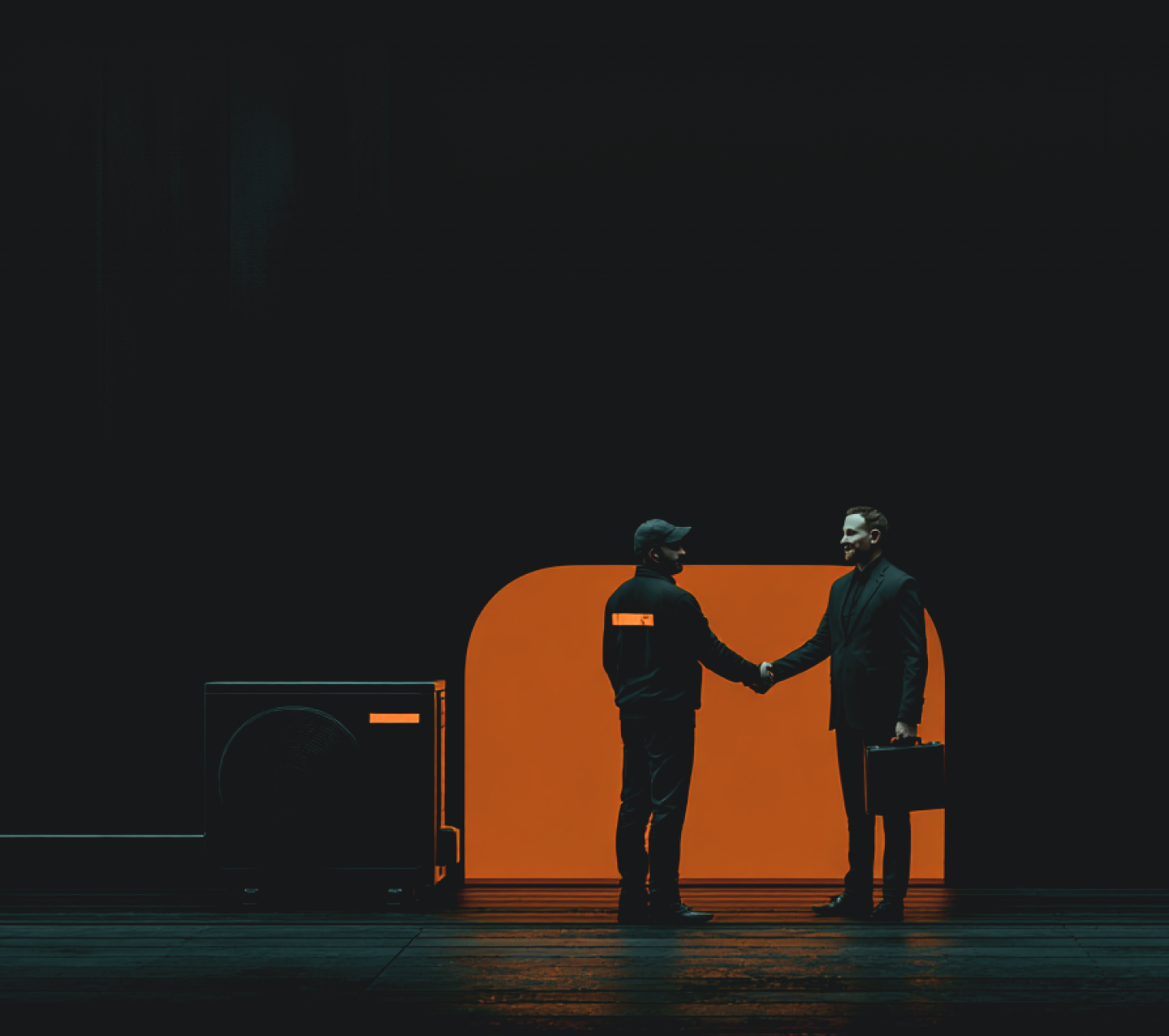 Problem illustration showing business handshake with orange archway and HVAC unit